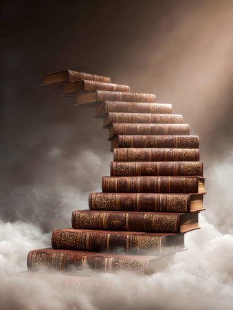A mystical ascent crafted from aged volumes emerges through fog, bathed in gentle illumination,...