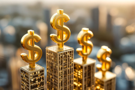 Shimmering gold dollar signs crown miniature skyscrapers, symbolizing economic growth and...