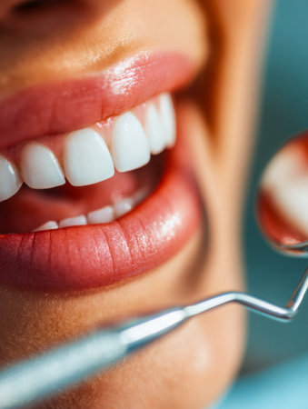 A cheerful patient displays a bright smile as a dental professional gently cares for their teeth in...