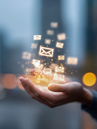 A sleek, high-tech hand reaches out amidst a cityscape's glow, clutching luminous email symbols with...