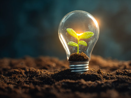 A vibrant sapling nestled inside a glowing filament showcases creative growth and eco-friendly...