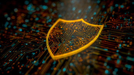 A luminous protective emblem hovers above a detailed circuit network, symbolizing advanced...