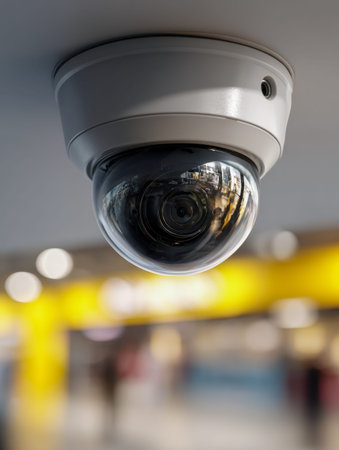A sleek, contemporary dome camera watches over a vibrant, well-lit communal area, ensuring safety...