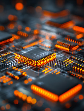 A detailed view of an advanced silicon chip featuring intricate, luminous orange pathways that pulse...