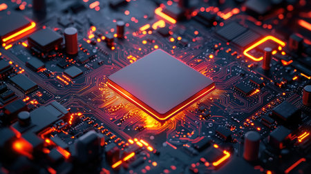 A detailed view of a high-tech circuit with pulsating lights, showcasing a central processing unit...