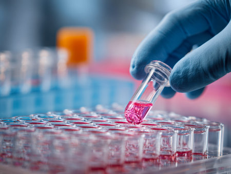 A researcher in protective gear carefully handles a vibrant pink solution, poised above precise...
