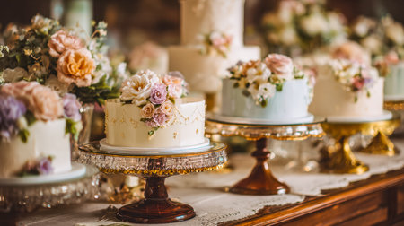 A refined arrangement of beautifully crafted cakes adorned with vibrant blooms, presented on...