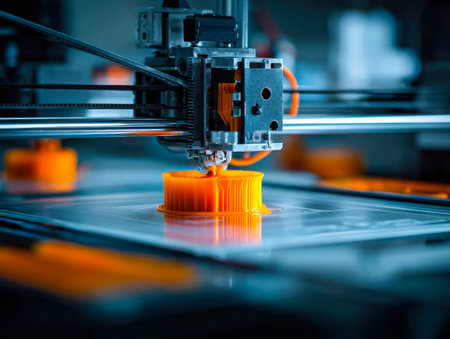 A close-up of an extrusion device melting bright orange filament, showing the manufacturing process...