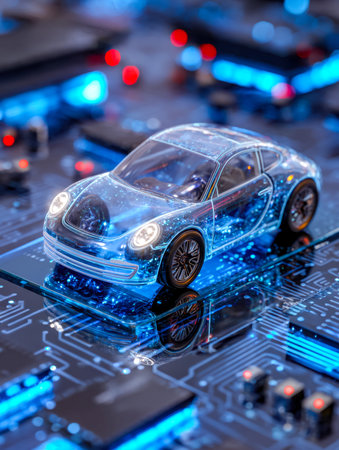 A sleek, high-tech vehicle illuminated with neon hues, set against a backdrop of interconnected...