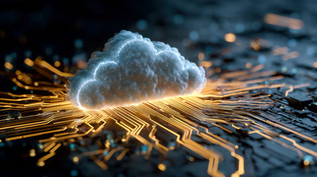 A sleek digital cloud symbol hovers above an advanced, glowing circuit board, epitomizing...