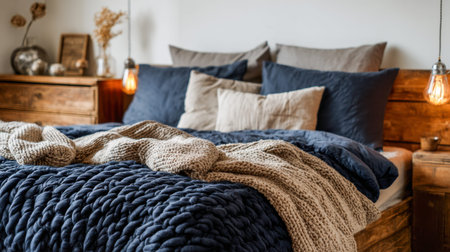 An inviting, rustic retreat with warm lighting highlights a handcrafted wooden frame, plush navy...