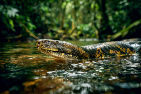A detailed shot captures a reptile gliding through calm waters, framed by vibrant greenery, evoking...
