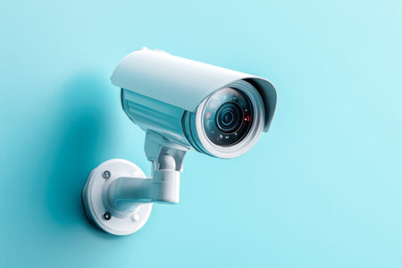 A sleek white surveillance device is affixed to a soft pastel blue surface, its lens housing...