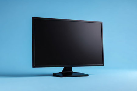 A sleek, contemporary black display against vibrant blue, perfect for tech projects, digital design,...