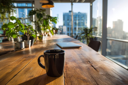 A sleek, well-lit office featuring lush plants and a steaming mug, creating an inviting atmosphere...