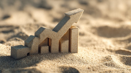 A creative sandcastle sculpture mimics a rising bar chart, illustrating steady development with a...