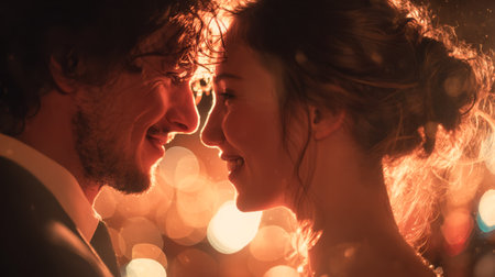 A tender couple basks in the glow of a setting sun, surrounded by soft, shimmering lights that create a romantic, dreamlike ambiance.のeditorial素材