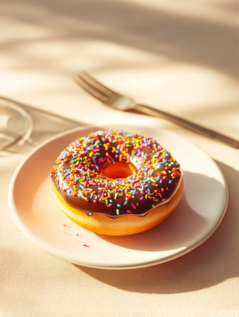 A rich, glossy chocolate glaze crowns a soft, golden donut adorned with vibrant sprinkles, resting...