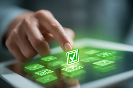 A hand taps a sleek tablet displaying luminous green approvals, symbolizing smooth workflow and...