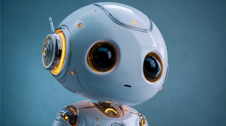 A cutting-edge android with oversized luminous eyes and a streamlined silhouette, set against a vibrant blue backdrop, embodying advanced technology.の写真素材