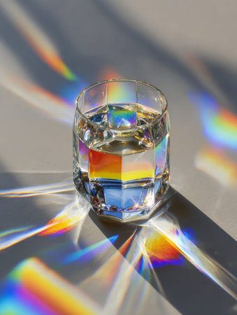 A transparent glass with liquid, projecting lively spectrum hues and intricate rainbow silhouettes...