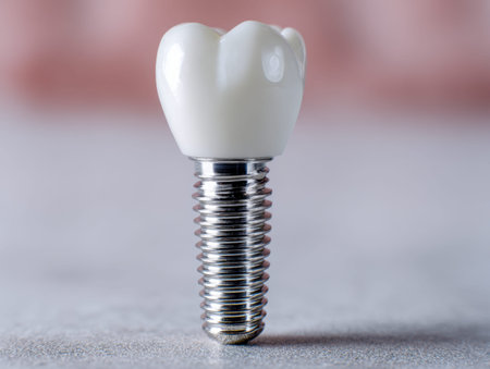 A sleek, metallic dental implant topped with a smooth ceramic crown, captured in sharp detail,...