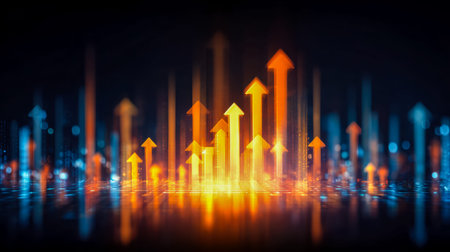 Dynamic digital chart with illuminated arrows ascending, symbolizing progress, innovation, and...