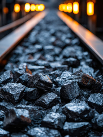 A detailed view of metallic rails stretching into the evening, with glowing signals flickering on...