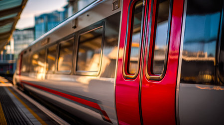A sleek train glides into the platform as warm sunset rays bathe the station, creating a tranquil...