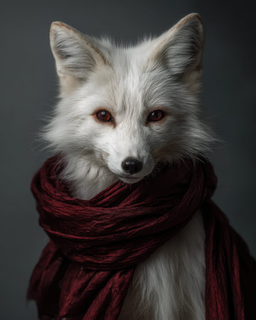 A graceful white fox with silky fur wears a rich crimson scarf, set against a shadowy backdrop,...