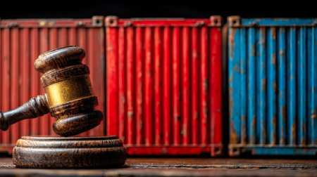 A traditional wooden gavel crashes onto a sound block, set against aged shipping containers,...
