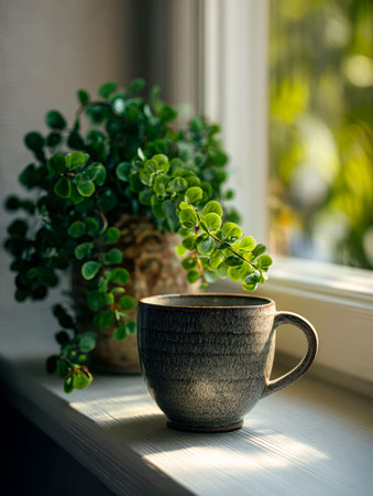 A cozyill scene features a handcrafted ceramic cup alongside a lush potted plant, bathed in warm...