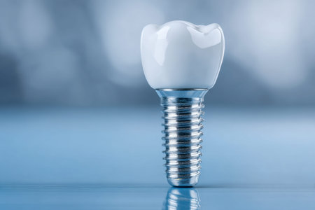 Close-up of a dental implant with a tooth-shaped crown and a metallic screw, symbolizing modern...