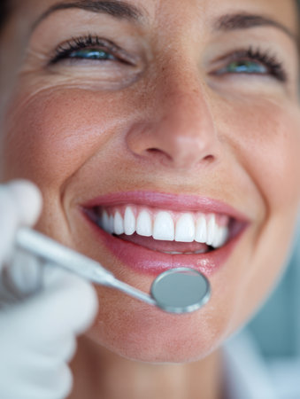 A cheerful woman beams confidently during a dental checkup, showcasing pristine teeth and an upbeat embrace of oral health.のeditorial素材