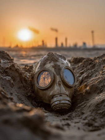 A lone, weathered mask half-buried in golden sands as dusk settles, with towering cranes rising...