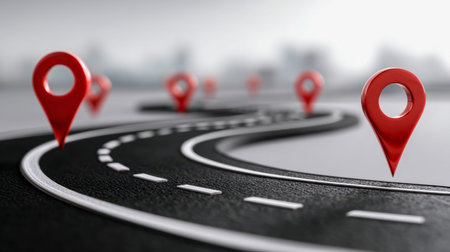 An abstract representation of a curving path dotted with vibrant red markers, illustrating digital...