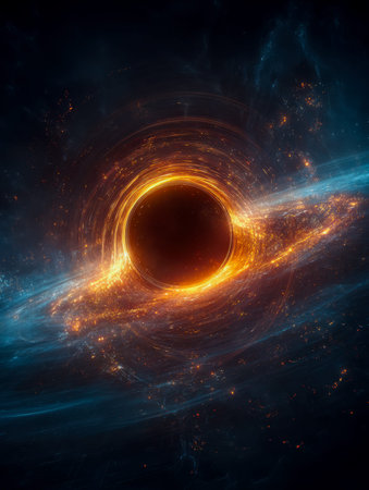 A swirling abyss illuminated by a blazing disk of plasma, surrounded by distant stars and cosmic...