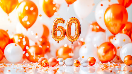 Joyous milestone party adorned with vibrant orange and white balloons, sparkling confetti, and...