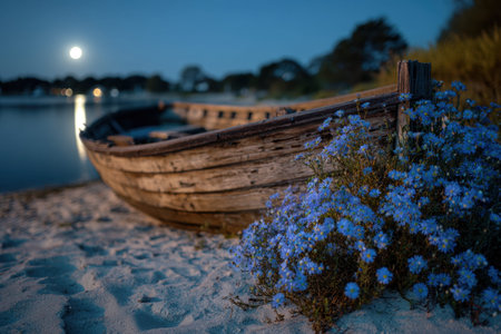 A weathered boat lies softly on a sandy beach, surrounded by vibrant blue blossoms, illuminated by a...