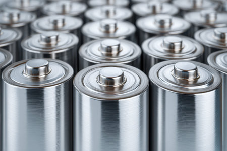 Sleek silver cylinders aligned meticulously, their reflective surfaces highlighting energy potential...