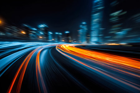 A bustling metropolis illuminated under nightfall, with streaks of colorful headlights weaving...