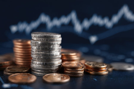 A close-up of rising coin stacks against a backdrop of a dynamic financial chart signifying economic...