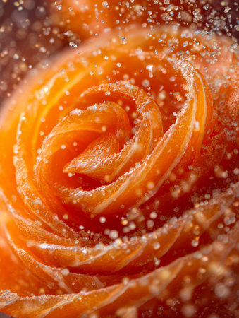 A vivid orange bloom adorned with glistening water droplets and delicate ice crystals, capturing a crisp, refreshing essence of floral renewal.の写真素材