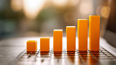 Bright orange growth icons rise along a graph, perched on a laptop keyboard, illuminated by gentle...