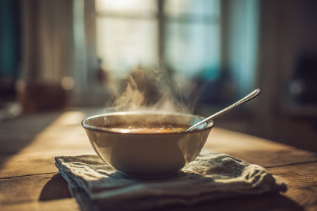 A comforting bowl of freshly prepared soup, with a spoon delicately immersed, sits on a soft cloth beneath gentle sunlight pouring through a nearby window, evoking warmthの写真素材