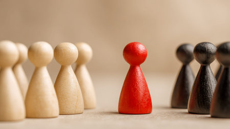 A bold red figurine assertively stands amid contrasting groups?earth-toned and dark...