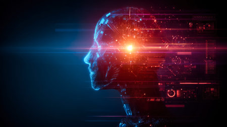 A high-tech digital portrait featuring a human silhouette embedded with luminous circuit pathways,...