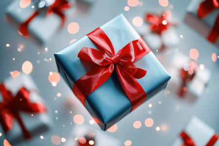 A luxurious silver-wrapped present accented with a vibrant red ribbon, set amidst colorful gifts and...