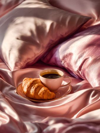 A tranquil start to the day featuring a warm beverage and flaky pastry nestled on smooth, luxurious bedding, capturing relaxation and comfort.の写真素材