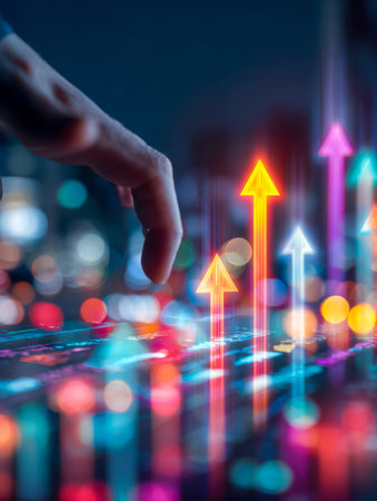 A futuristic workspace showcasing a sleek touchscreen with dynamic graphs and upward-moving metrics,...